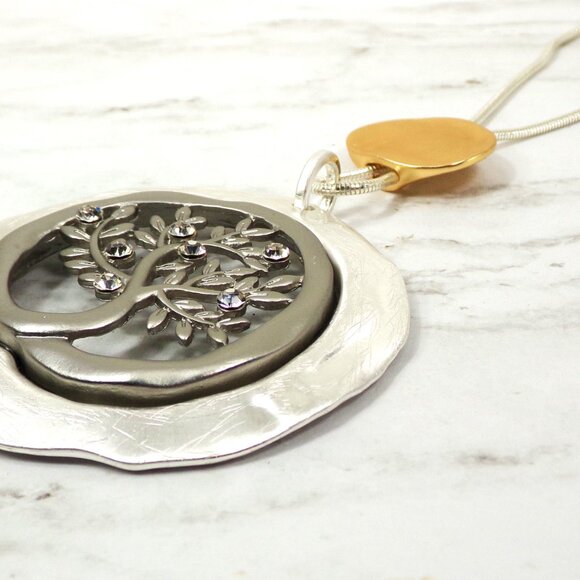 Tree of life large round pendant necklace with carved tree leaves center 2.65" - Picture 3 of 13